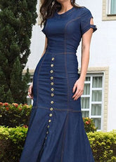 Vestido largo de mezclilla con cuello redondo, estilo patchwork, corte entallado y azul marino